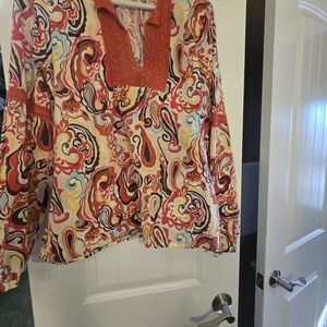 Saks Fifth Avenue Red and Orange Patterned Blouse